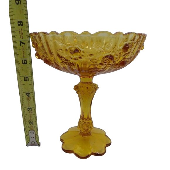 Vtg Unmarked Fenton Raised Cabbage Rose Amber Glass Pedestal Compote Candy Dish - Picture 5 of 15